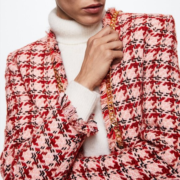 (NWT) Mango - pink red short tweed chain blazer jacket (medium) - Picture 2 of 7